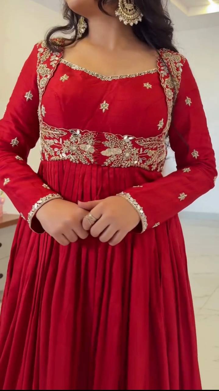 Embroidered Anarkali Suit Set with Dupatta & Bottom – 2 Color Options (Red & Orange ) | Festive Wear for Women