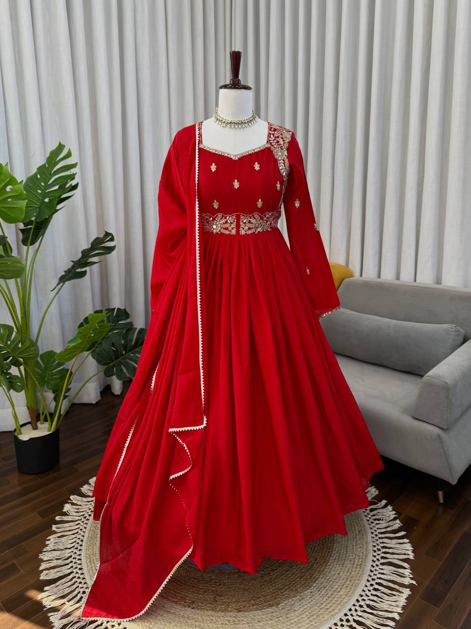 Embroidered Anarkali Suit Set with Dupatta & Bottom – 2 Color Options (Red & Orange ) | Festive Wear for Women