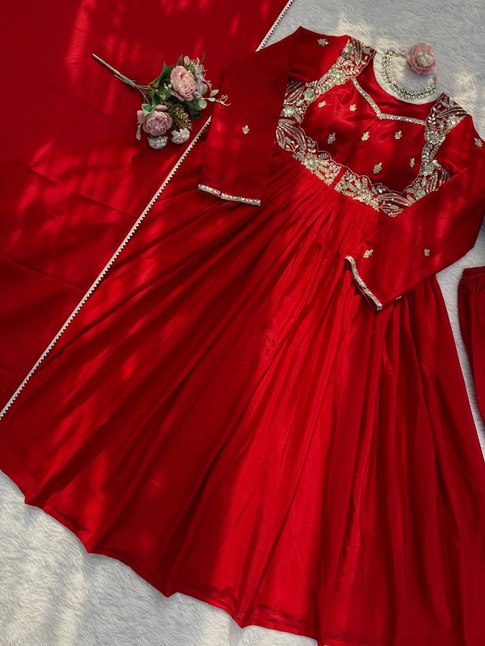Embroidered Anarkali Suit Set with Dupatta & Bottom – 2 Color Options (Red & Orange ) | Festive Wear for Women