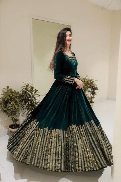 Teal Blue Velvet Embroidered Anarkali Sharara Suit Set | Winter Festive Wear