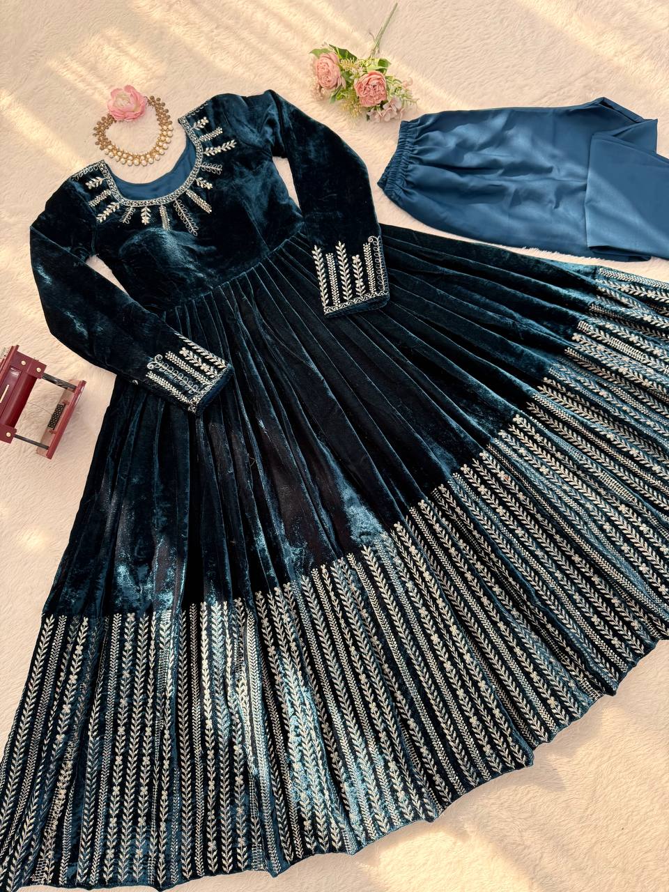 Teal Blue Velvet Embroidered Anarkali Sharara Suit Set | Winter Festive Wear
