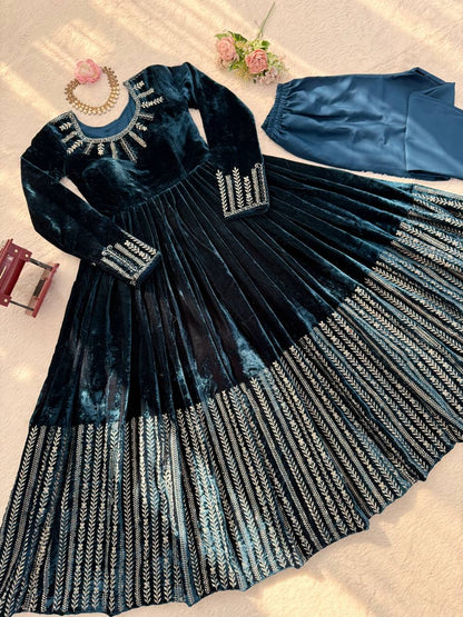 Teal Blue Velvet Embroidered Anarkali Sharara Suit Set | Winter Festive Wear