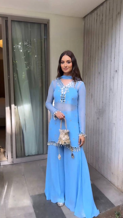 Sky Blue Mirror Work Kurta Sharara Suit Set with Dupatta | Festive Party Wear