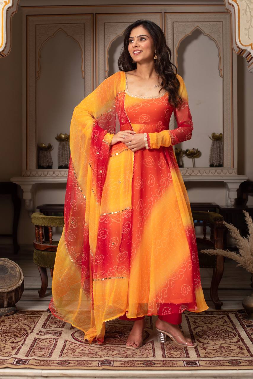 Bandhani Print Anarkali Kurta Set with Dupatta – 2 Color Options