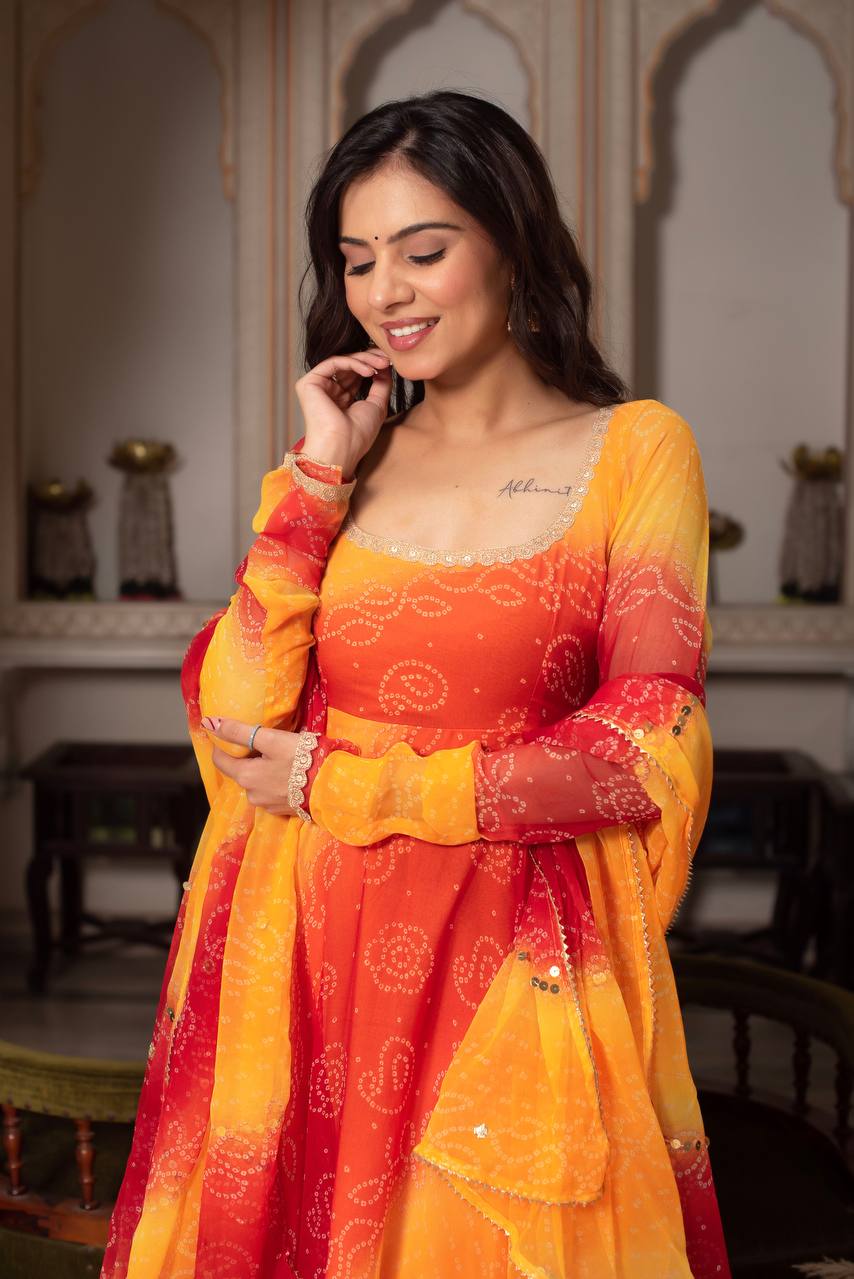 Bandhani Print Anarkali Kurta Set with Dupatta – 2 Color Options