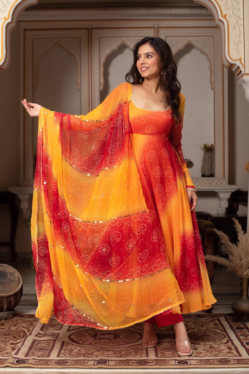 Bandhani Print Anarkali Kurta Set with Dupatta – 2 Color Options