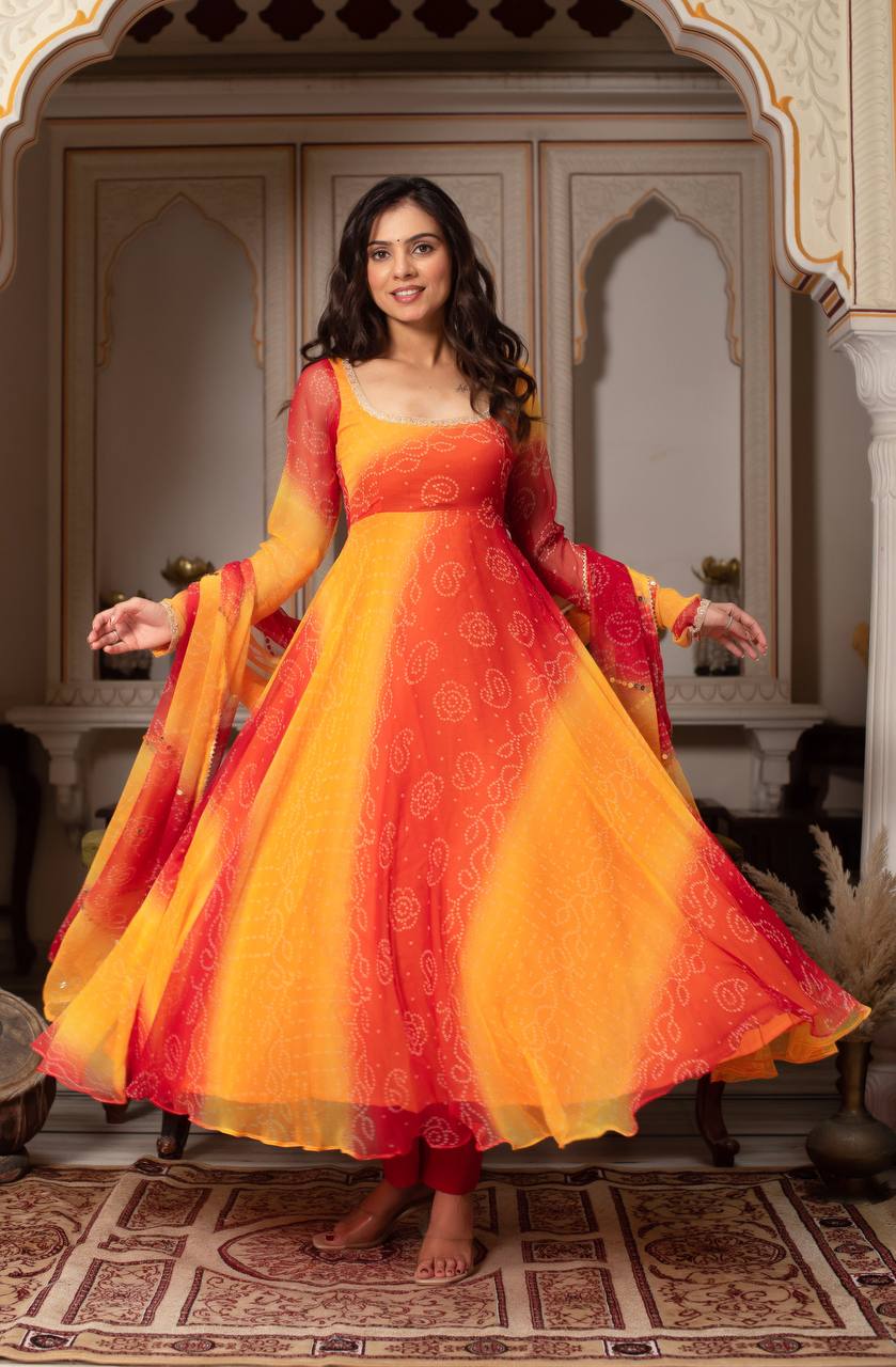 Bandhani Print Anarkali Kurta Set with Dupatta – 2 Color Options