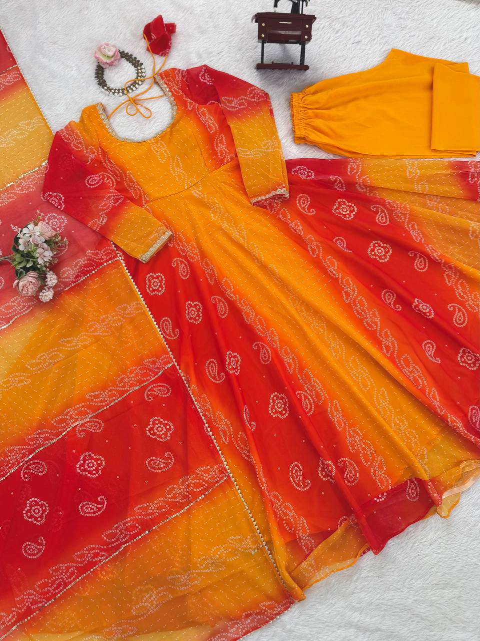 Bandhani Print Anarkali Kurta Set with Dupatta – 2 Color Options