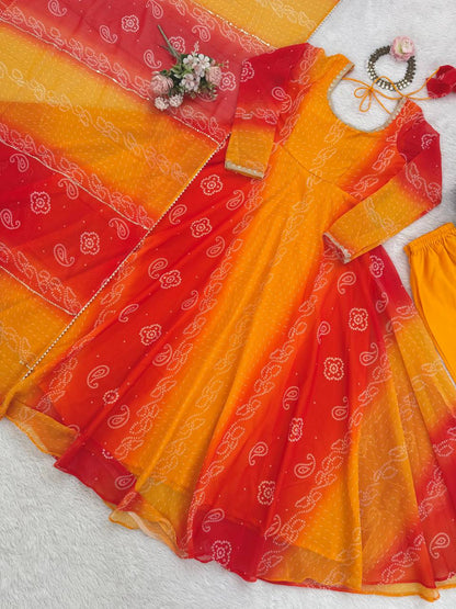 Bandhani Print Anarkali Kurta Set with Dupatta – 2 Color Options