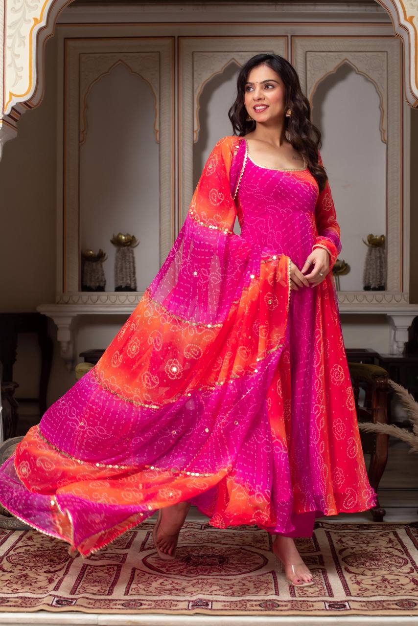 Bandhani Print Anarkali Kurta Set with Dupatta – 2 Color Options