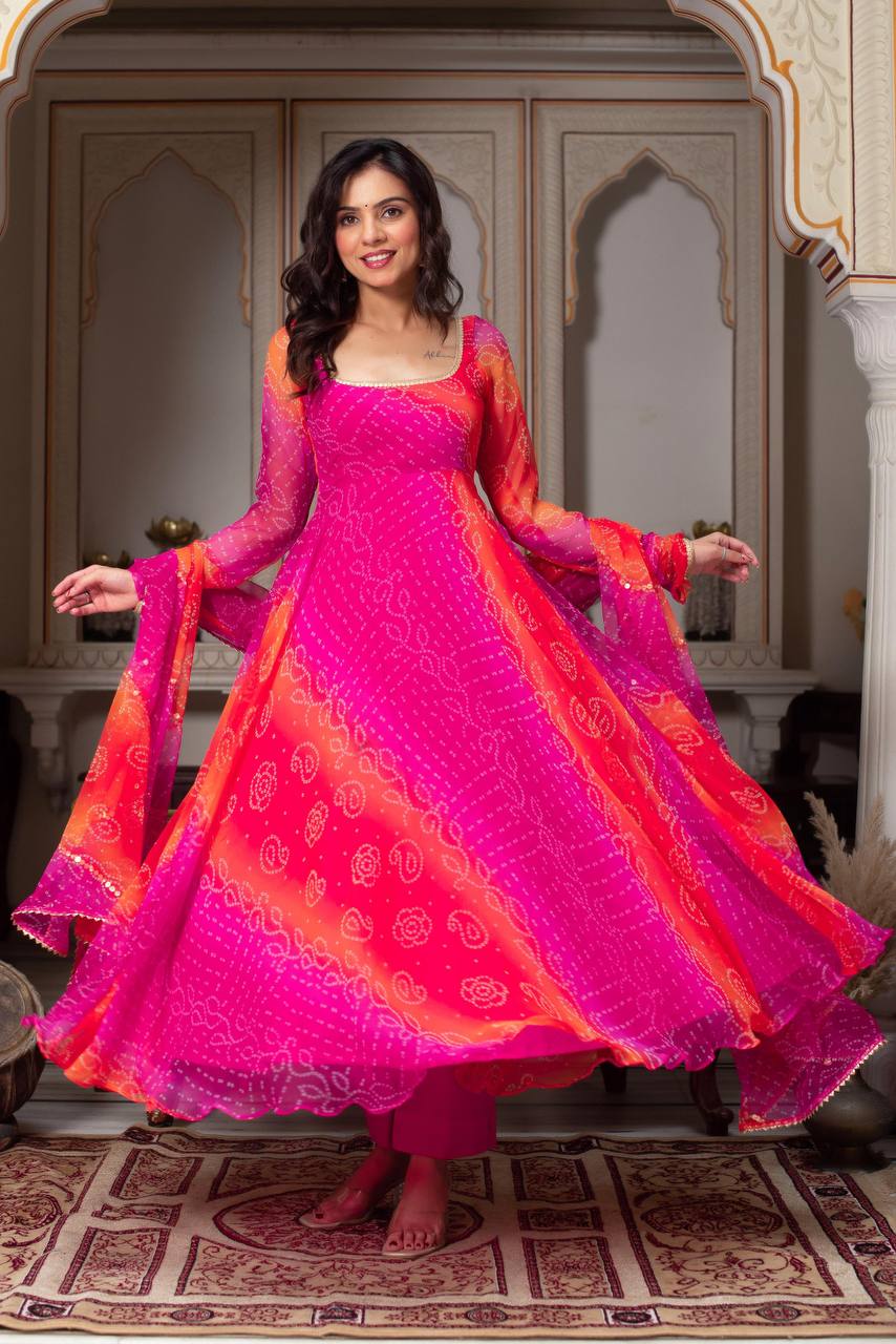 Bandhani Print Anarkali Kurta Set with Dupatta – 2 Color Options