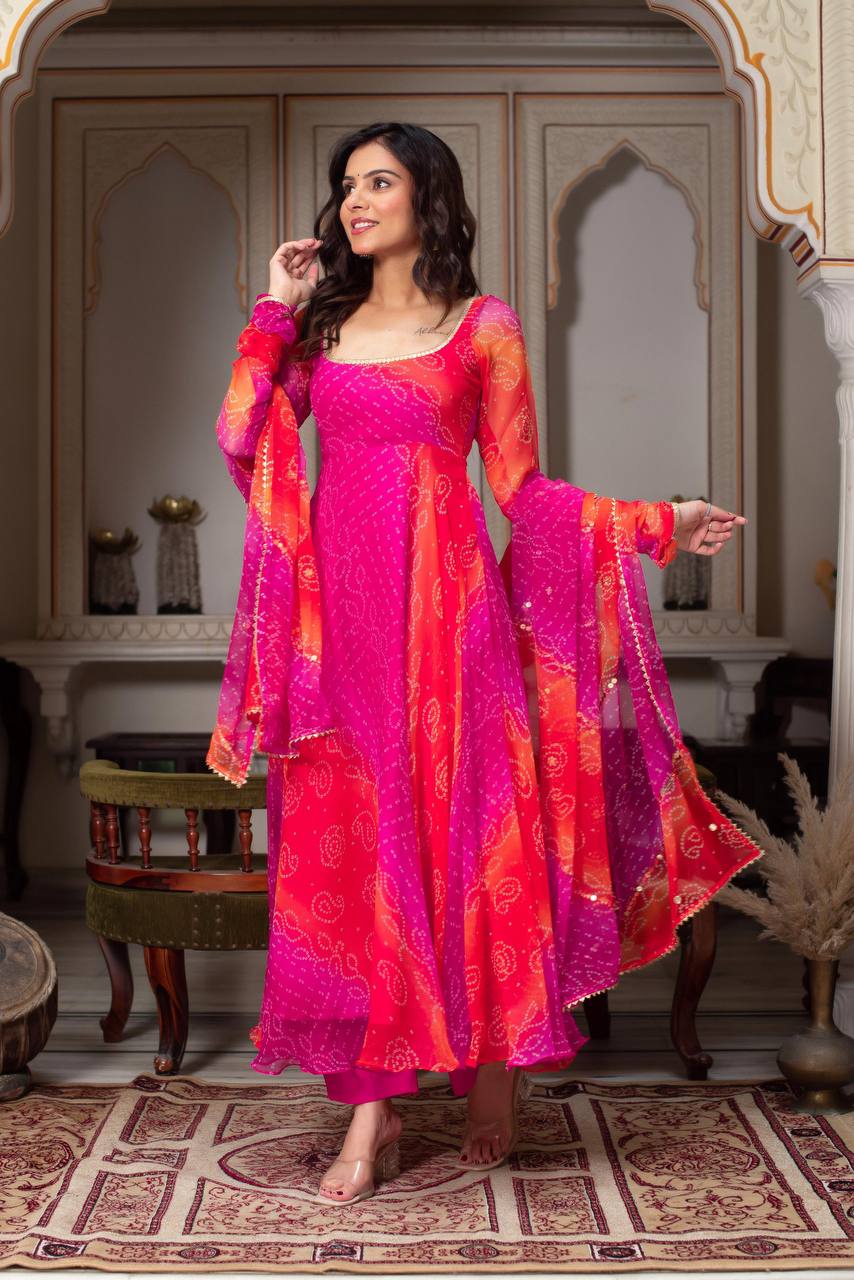 Bandhani Print Anarkali Kurta Set with Dupatta – 2 Color Options