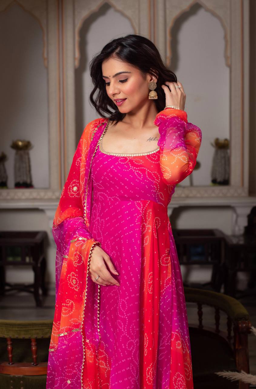 Bandhani Print Anarkali Kurta Set with Dupatta – 2 Color Options