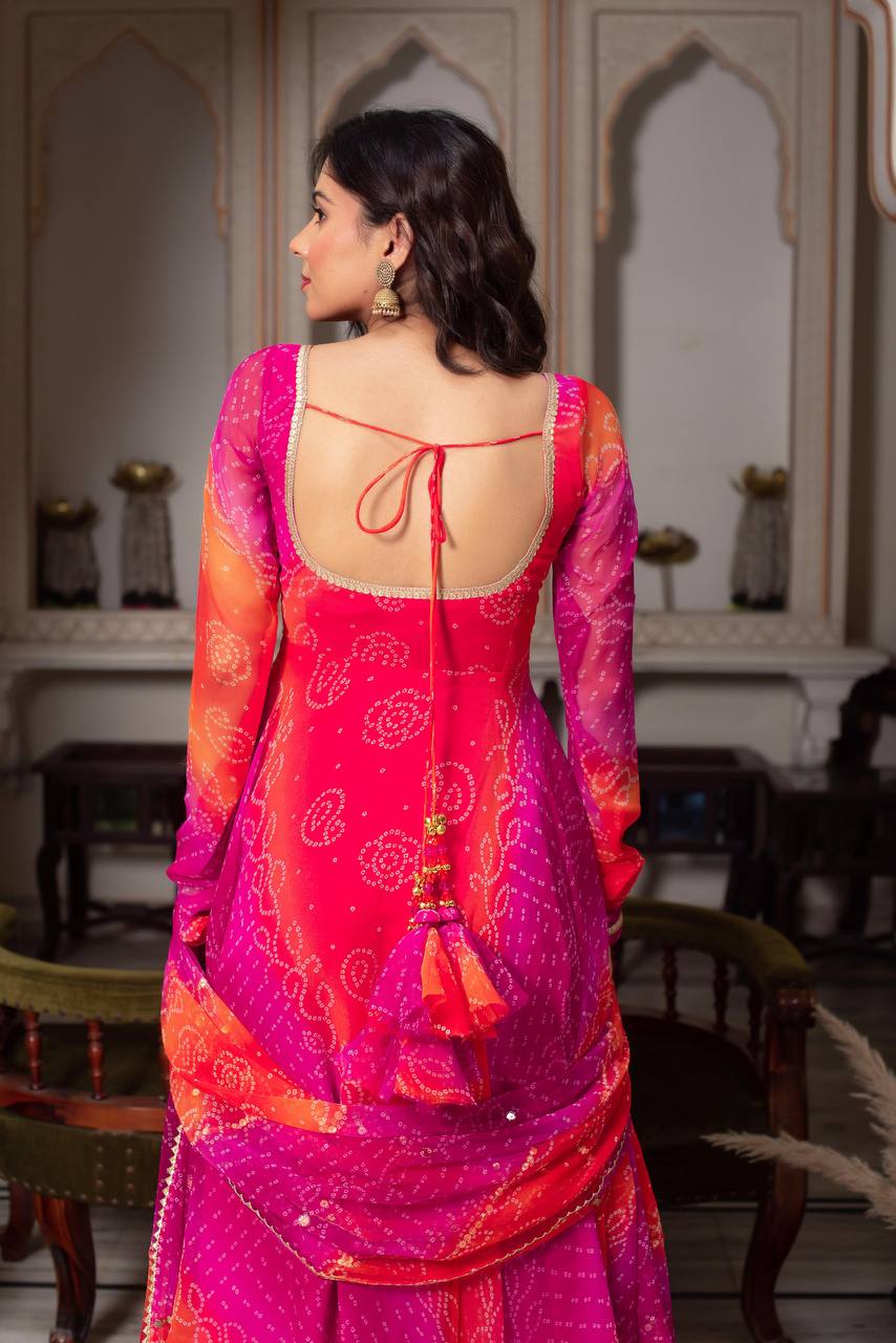 Bandhani Print Anarkali Kurta Set with Dupatta – 2 Color Options