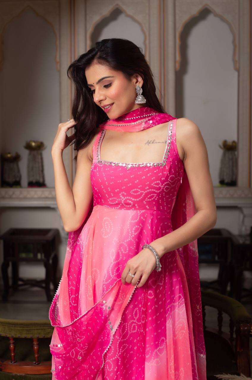 Pink Bandhani Print Anarkali Kurta Set with Dupatta