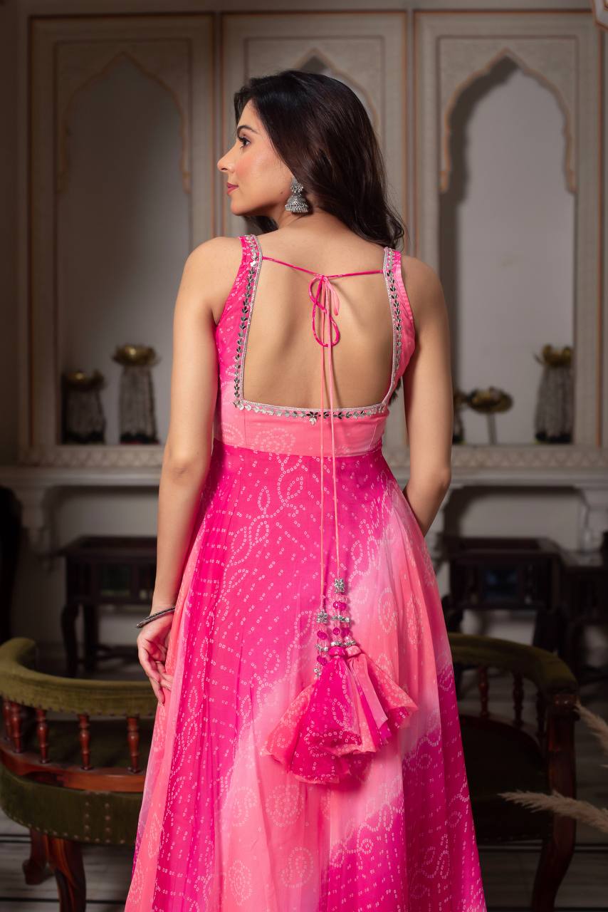 Pink Bandhani Print Anarkali Kurta Set with Dupatta