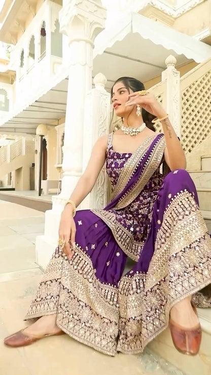 Purple Embroidered Kurta Sharara Set with Dupatta