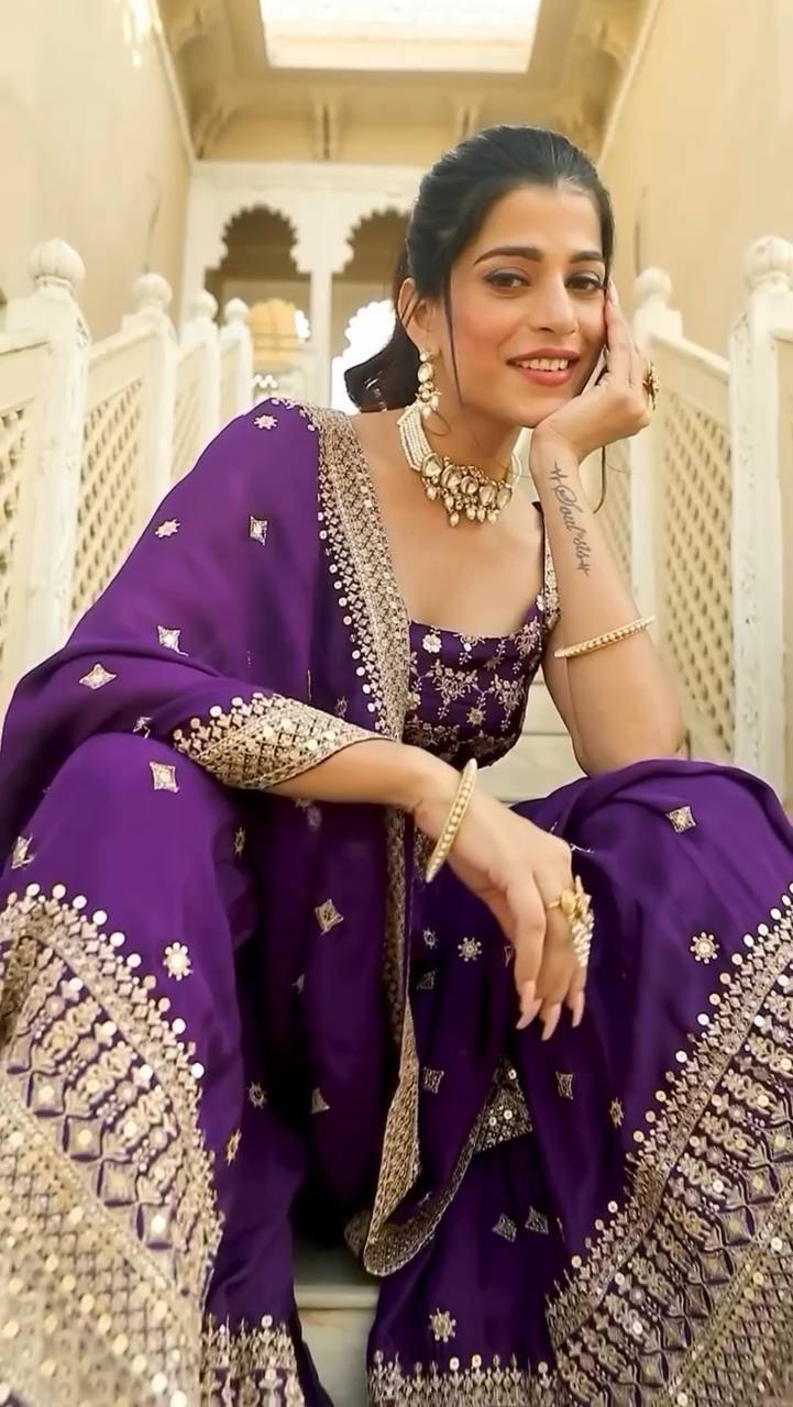 Purple Embroidered Kurta Sharara Set with Dupatta
