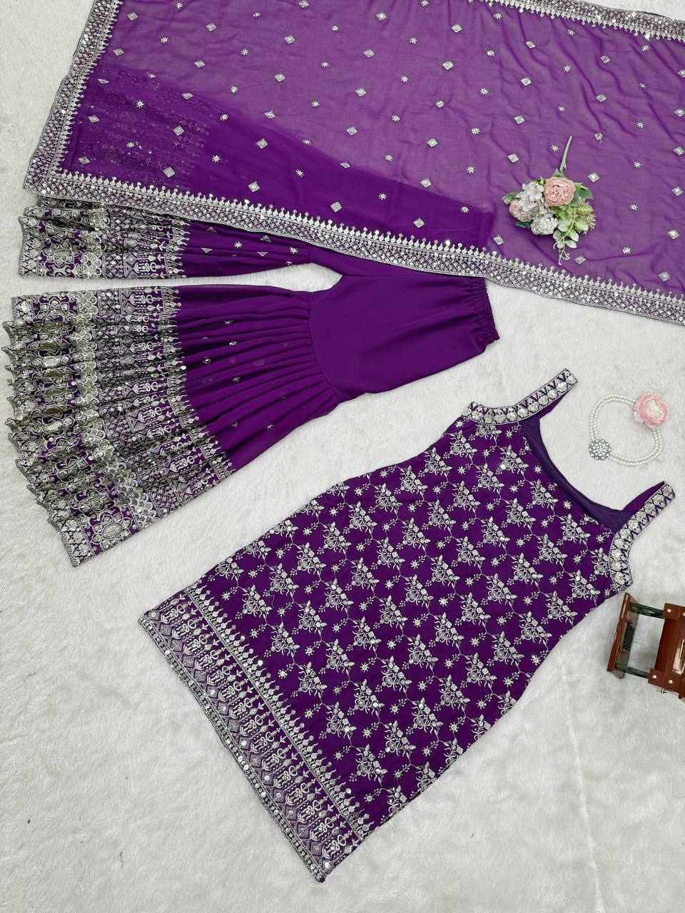 Purple Embroidered Kurta Sharara Set with Dupatta
