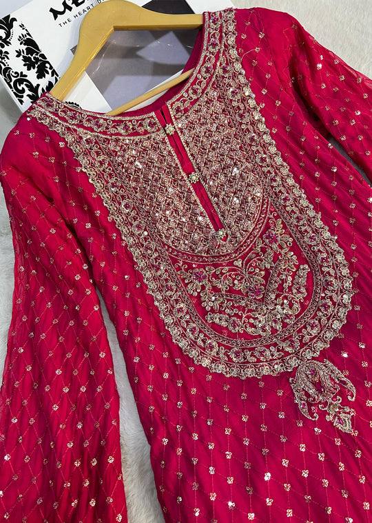 Red Heavy Embroidered Kurta Sharara Set with Net Dupatta
