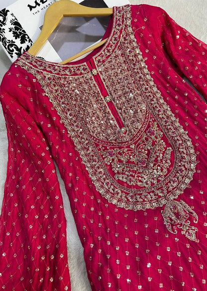 Red Heavy Embroidered Kurta Sharara Set with Net Dupatta