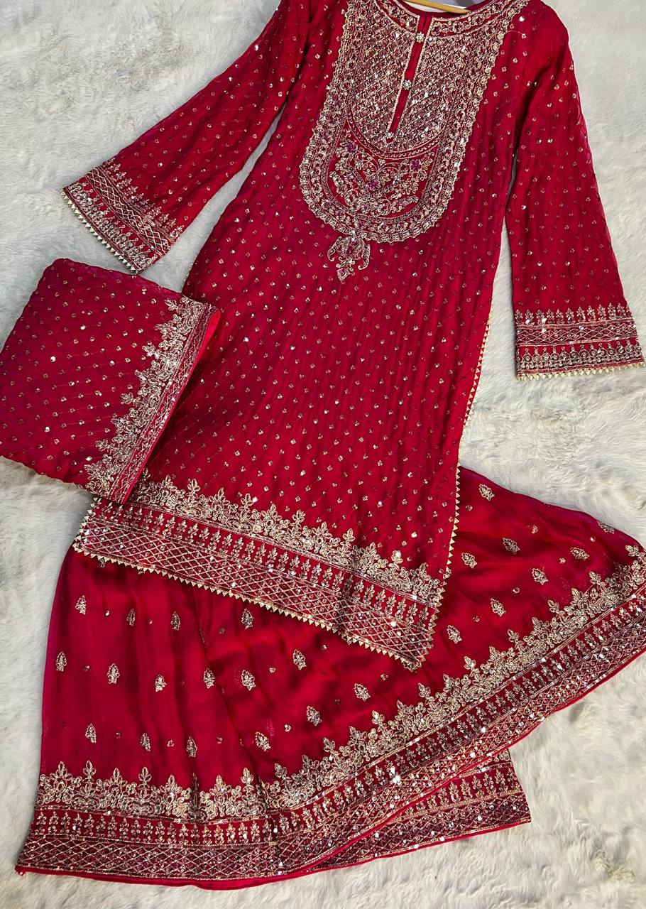 Red Heavy Embroidered Kurta Sharara Set with Net Dupatta