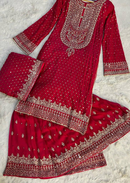 Red Heavy Embroidered Kurta Sharara Set with Net Dupatta