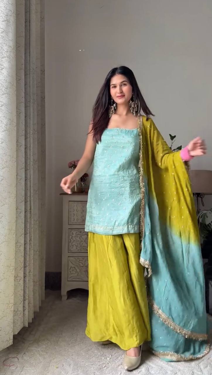 Mint Green Kurti with Lime Sharara & Ombre Chiffon Dupatta Set
