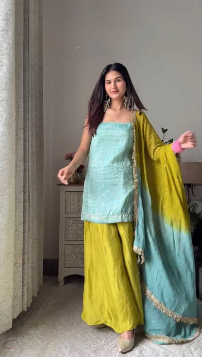 Mint Green Kurti with Lime Sharara & Ombre Chiffon Dupatta Set