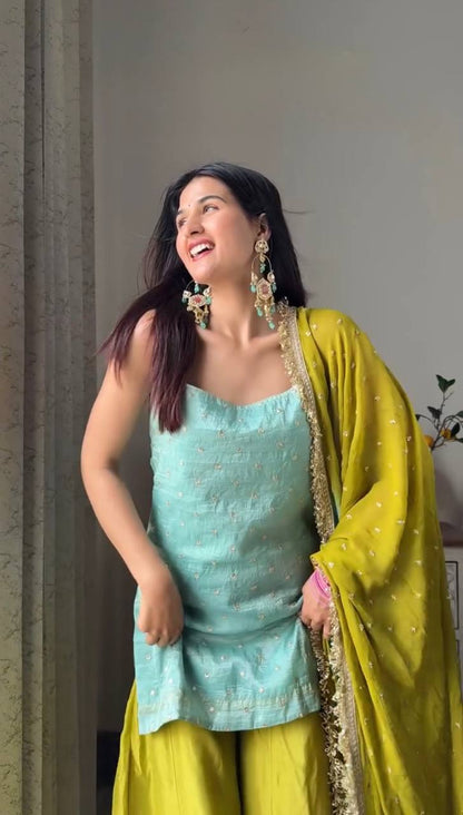 Mint Green Kurti with Lime Sharara & Ombre Chiffon Dupatta Set