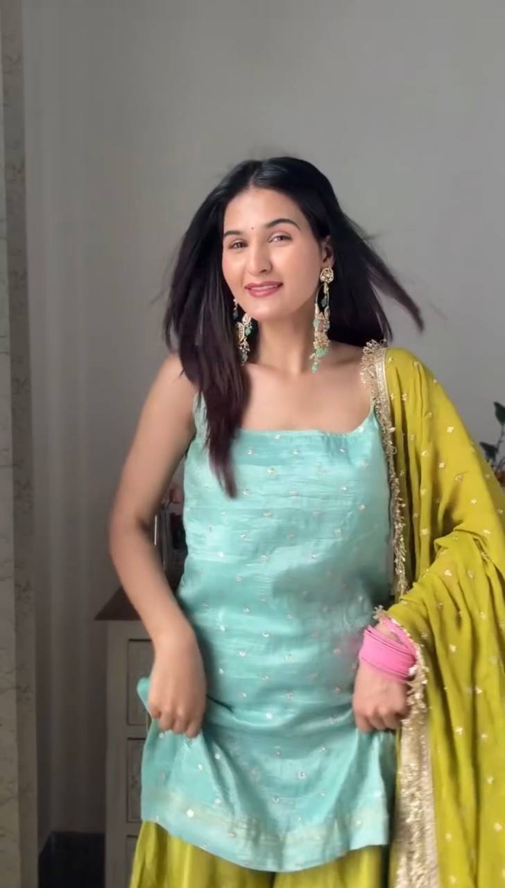 Mint Green Kurti with Lime Sharara & Ombre Chiffon Dupatta Set