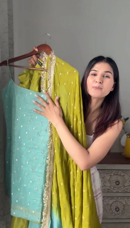 Mint Green Kurti with Lime Sharara & Ombre Chiffon Dupatta Set