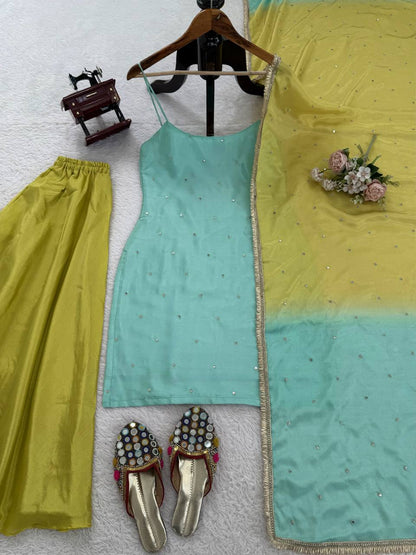 Mint Green Kurti with Lime Sharara & Ombre Chiffon Dupatta Set