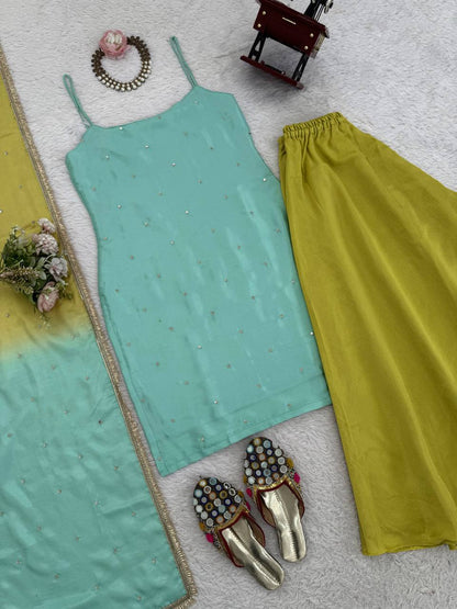 Mint Green Kurti with Lime Sharara & Ombre Chiffon Dupatta Set