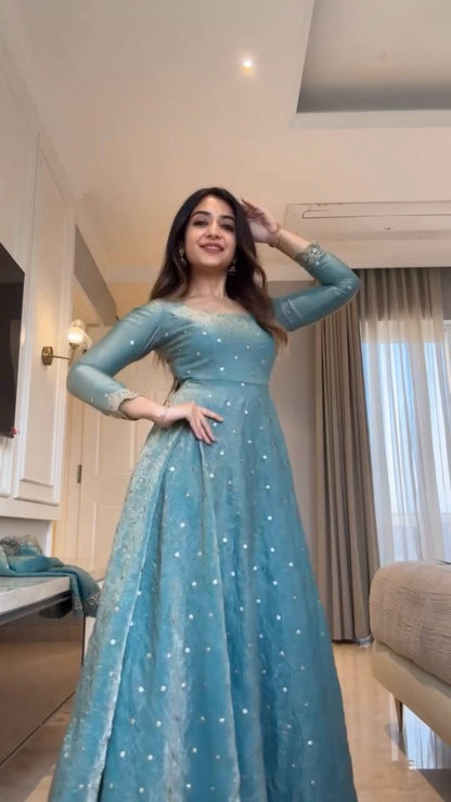 Girls Sky Blue Sequin Anarkali Suit Set with Palazzo & Dupatta – Festive Wear