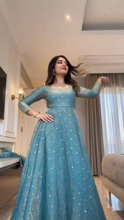 Girls Sky Blue Sequin Anarkali Suit Set with Palazzo & Dupatta – Festive Wear