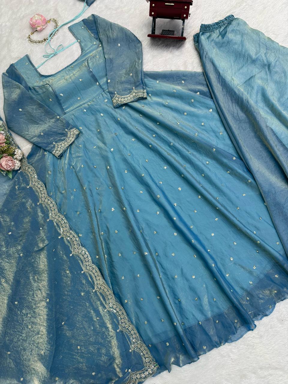 Girls Sky Blue Sequin Anarkali Suit Set with Palazzo & Dupatta – Festive Wear