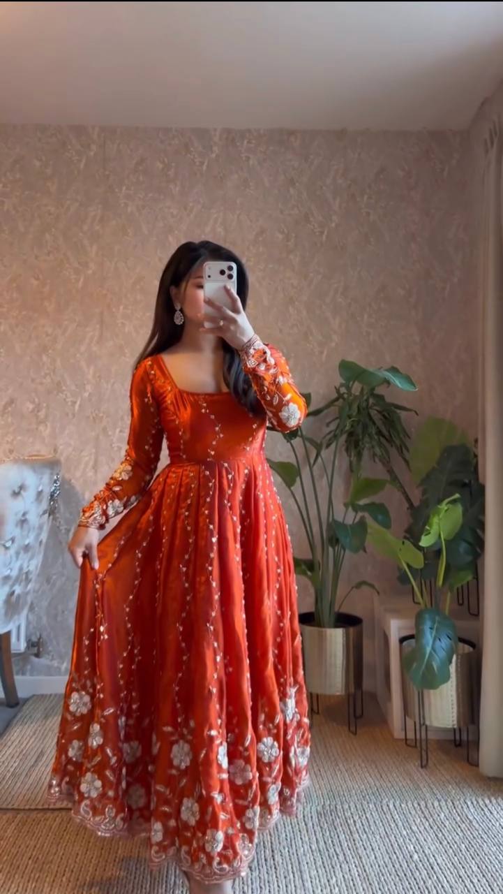 Rust Orange Embroidered Anarkali Kurta Set with Dupatta & Bottom – Festive Ethnic Wear for Women