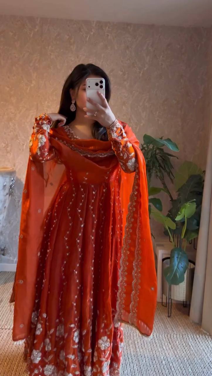 Rust Orange Embroidered Anarkali Kurta Set with Dupatta & Bottom – Festive Ethnic Wear for Women