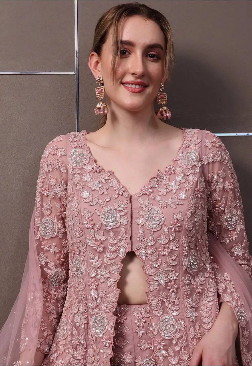 Mauve Pink Embroidered Lehenga Set with Jacket & Dupatta – Elegant Party Wear for Women