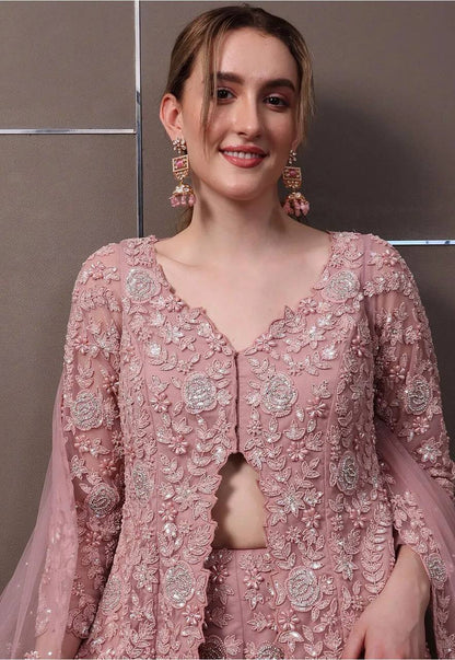 Mauve Pink Embroidered Lehenga Set with Jacket & Dupatta – Elegant Party Wear for Women