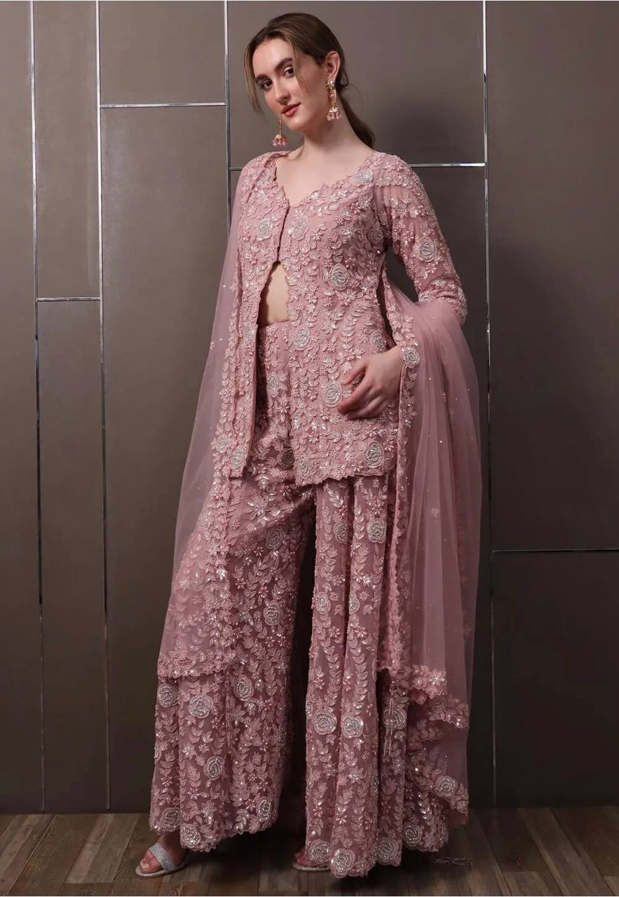 Mauve Pink Embroidered Lehenga Set with Jacket & Dupatta – Elegant Party Wear for Women
