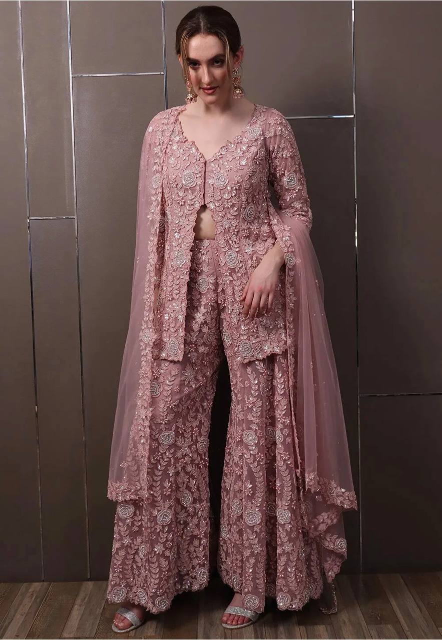 Mauve Pink Embroidered Lehenga Set with Jacket & Dupatta – Elegant Party Wear for Women
