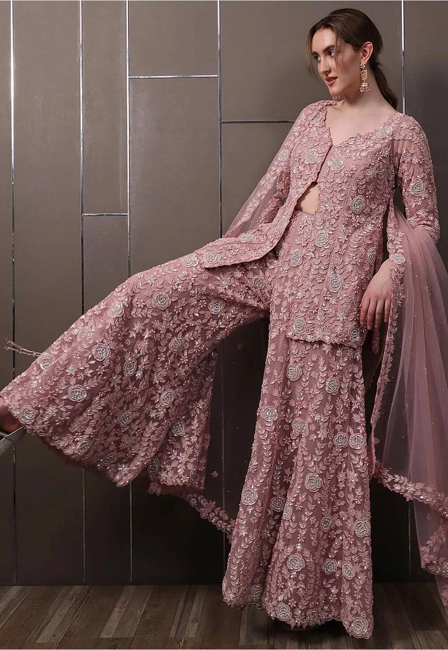 Mauve Pink Embroidered Lehenga Set with Jacket & Dupatta – Elegant Party Wear for Women