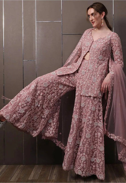 Mauve Pink Embroidered Lehenga Set with Jacket & Dupatta – Elegant Party Wear for Women