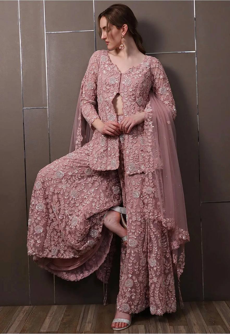Mauve Pink Embroidered Lehenga Set with Jacket & Dupatta – Elegant Party Wear for Women