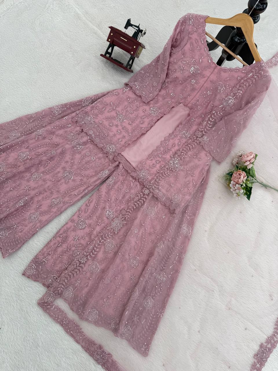 Mauve Pink Embroidered Lehenga Set with Jacket & Dupatta – Elegant Party Wear for Women