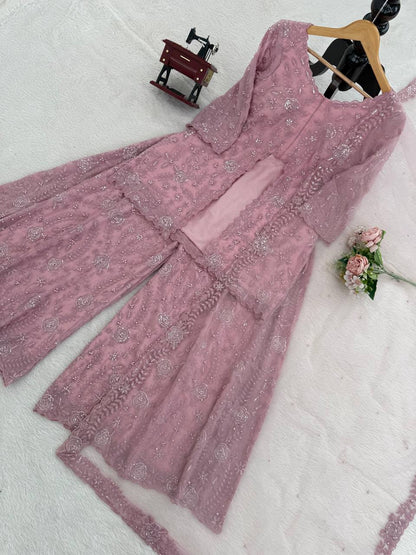 Mauve Pink Embroidered Lehenga Set with Jacket & Dupatta – Elegant Party Wear for Women