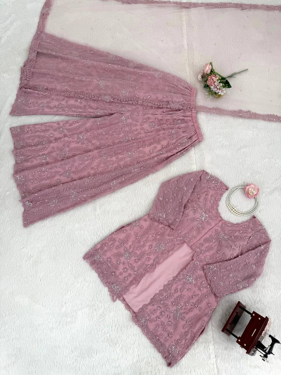 Mauve Pink Embroidered Lehenga Set with Jacket & Dupatta – Elegant Party Wear for Women