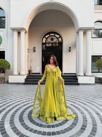 Olive Green Embroidered Net Anarkali Suit Set with Dupatta & Bottom – Festive Ethnic Wear for Women